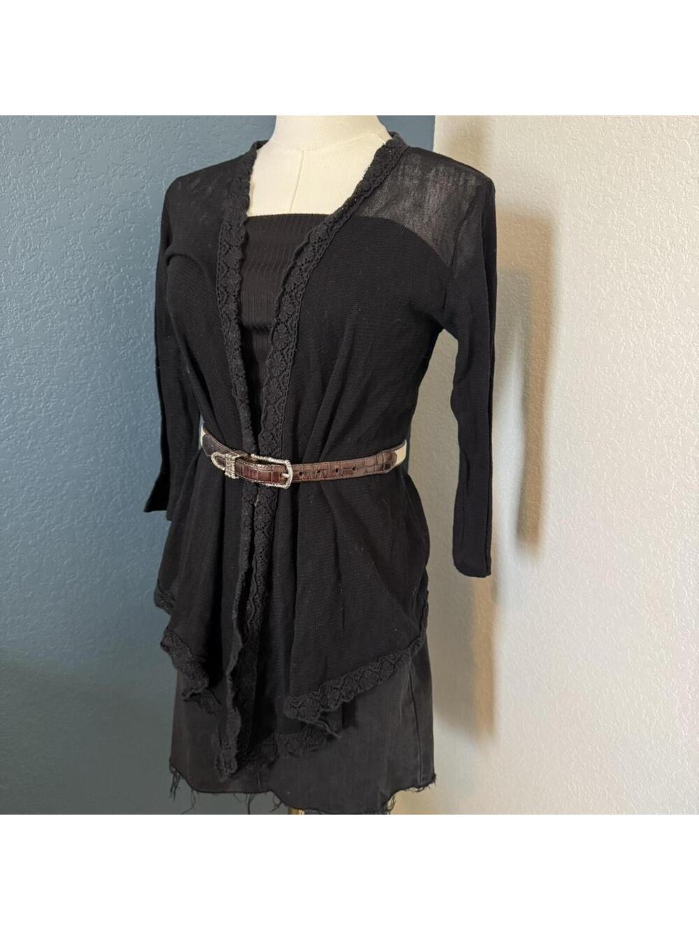 Daytrip Western Semi Sheer Lace Trim Black Cardigan, Small